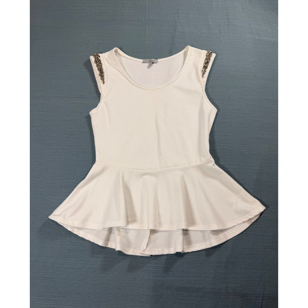 Charlotte Russe White Beaded Shoulder Peplum Top Sleeveless Blouse Womens Small